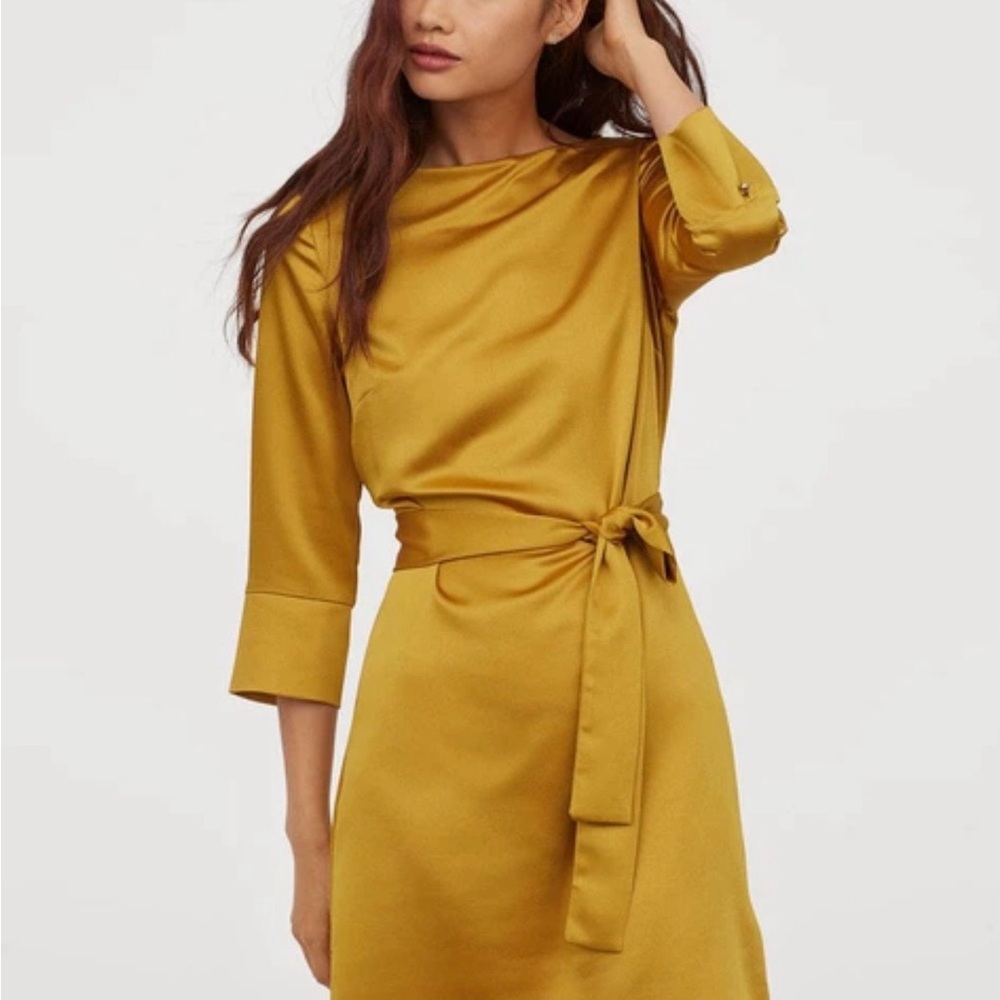 H&M Satin Tie-Waist Long Sleeve Dress in Mustard